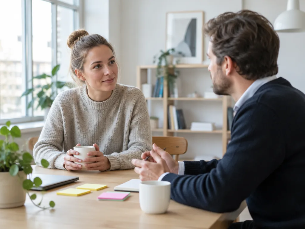 Två kollegor samtalar lugnt vid ett träbord med kaffekoppar och post it-lappar
